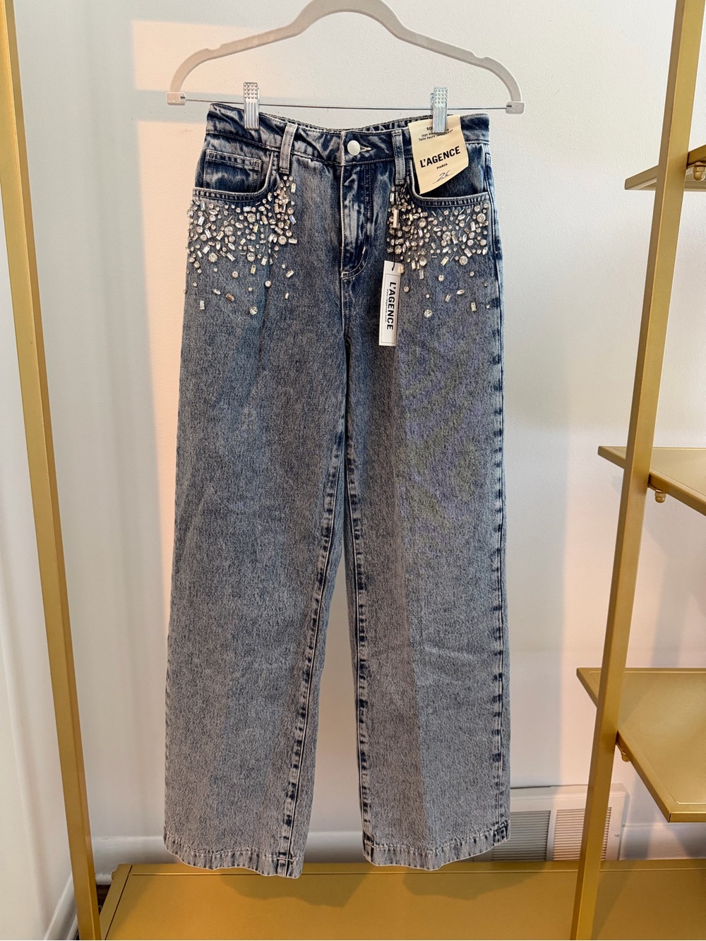 L'AGENCE Crystal-Embellished Light Blue Wide Leg Jeans